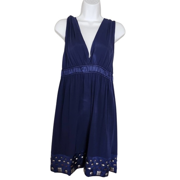 Hale Bob Dresses & Skirts - Hale Bob Navy Blue Silk Blend Embellished V-Neck Empire Waist Mini Dress Size M